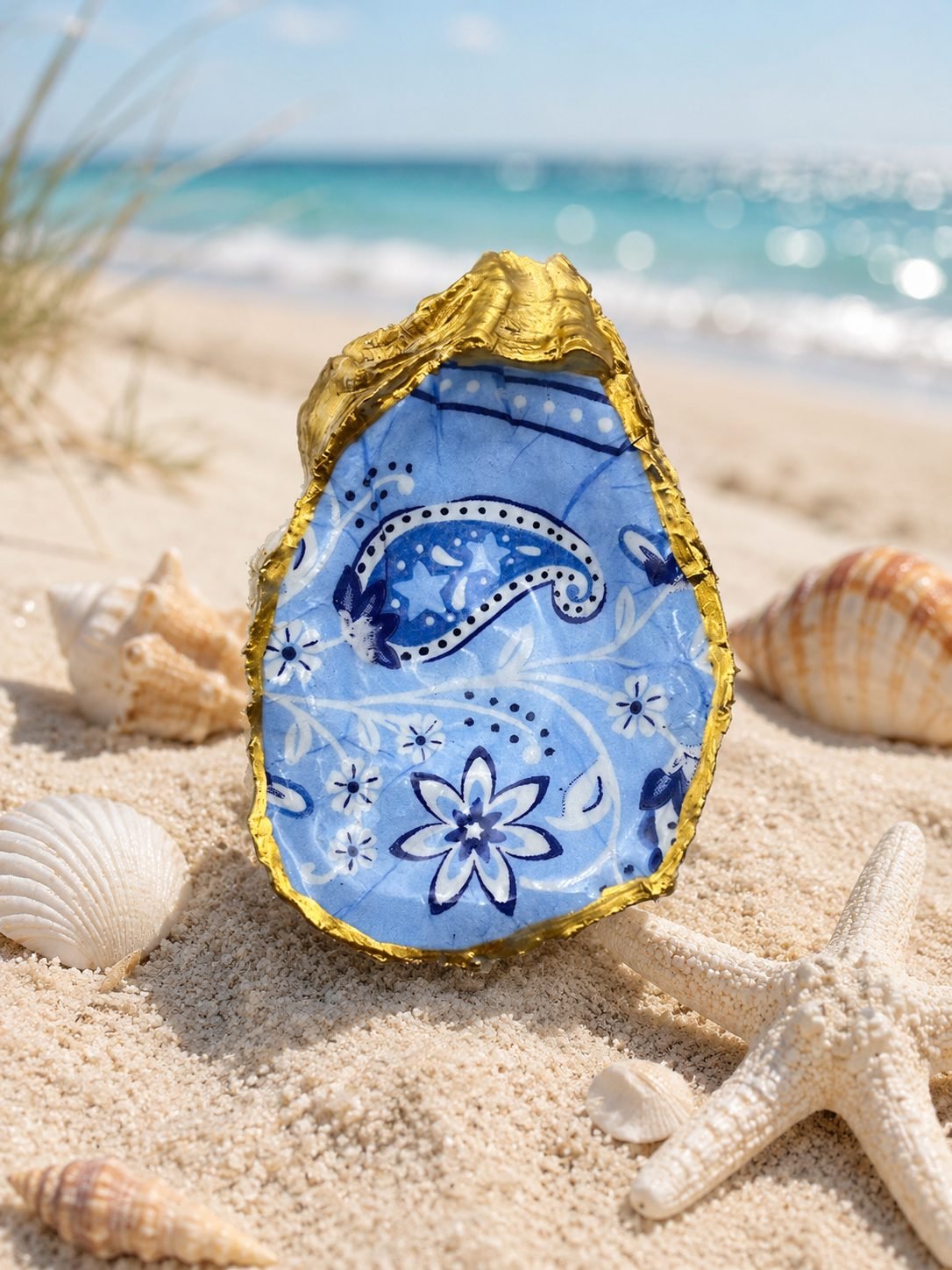 Blue Paisley Oyster Shell Trinket Dish — Gold Trim Ring Dish