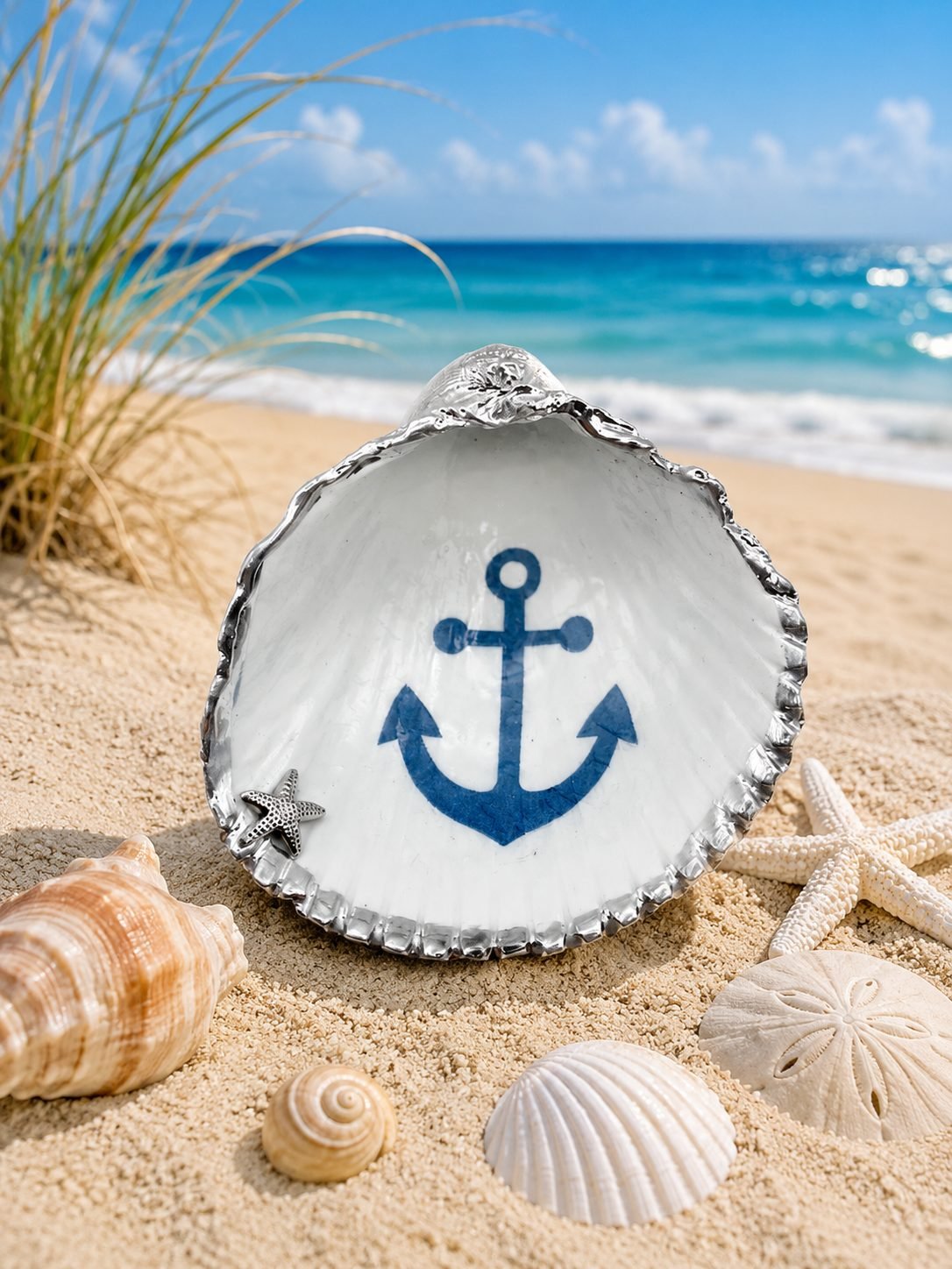 Nautical Anchor Oyster Shell Trinket Dish — Silver Trim